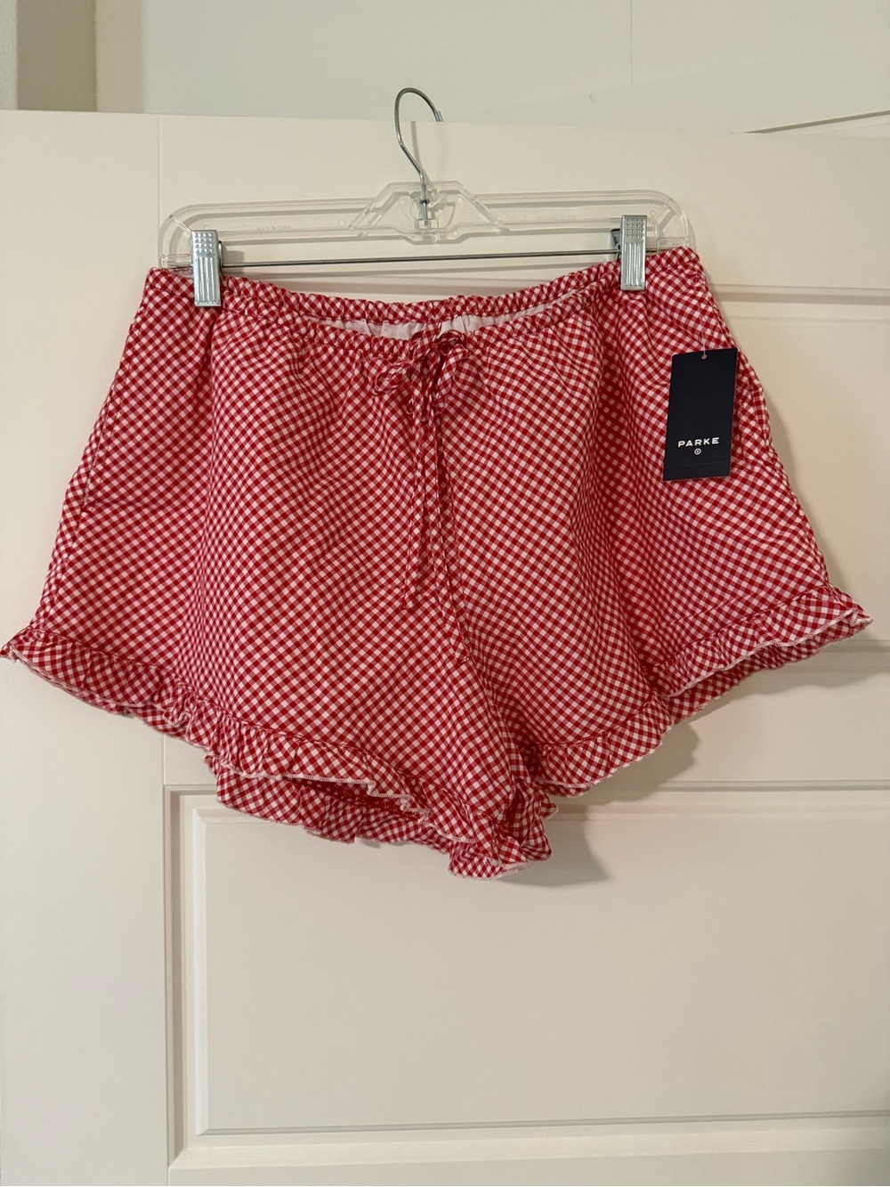 Parke Red Gingham High-Waist Ruffle Shorts
